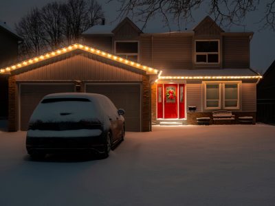 Nighttime,Shot,Of,A,Detached,Suburban,House,With,A,Red